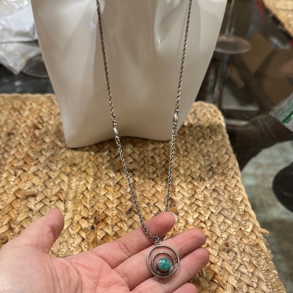 Long Antique Silver Toned Necklace with Turquoise Pendant - Picture 6 of 7